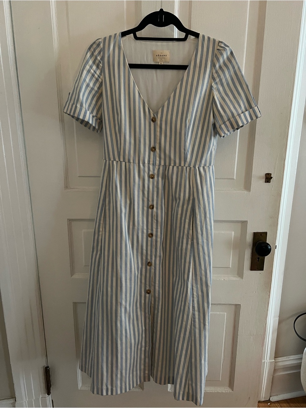 Sezane Blue and White Striped Button-Front Midi Dress
